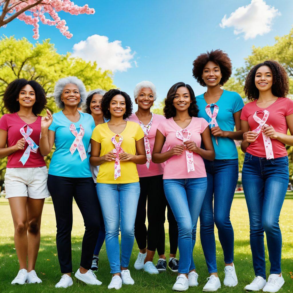 A diverse group of women of different ages and ethnicities standing together in a vibrant park, engaging in self-examination, with empowering expressions and symbols of breast health like awareness ribbons and healthy lifestyle icons surrounding them. The background features sunny skies and blooming flowers, emphasizing hope and strength. super-realistic. vibrant colors. 3D.
