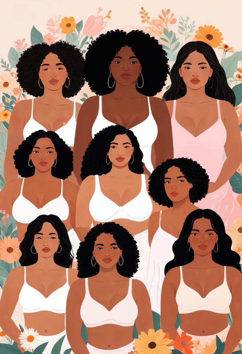 A serene and uplifting scene showcasing diverse women of different body types celebrating body positivity, with a focus on breast care awareness. In the background, incorporate elements like blooming flowers and medical symbols to symbolize health. Add warm sunlight filtering through to create a sense of hope and care. artistic style with vibrant colors. uplifting and soft tones.